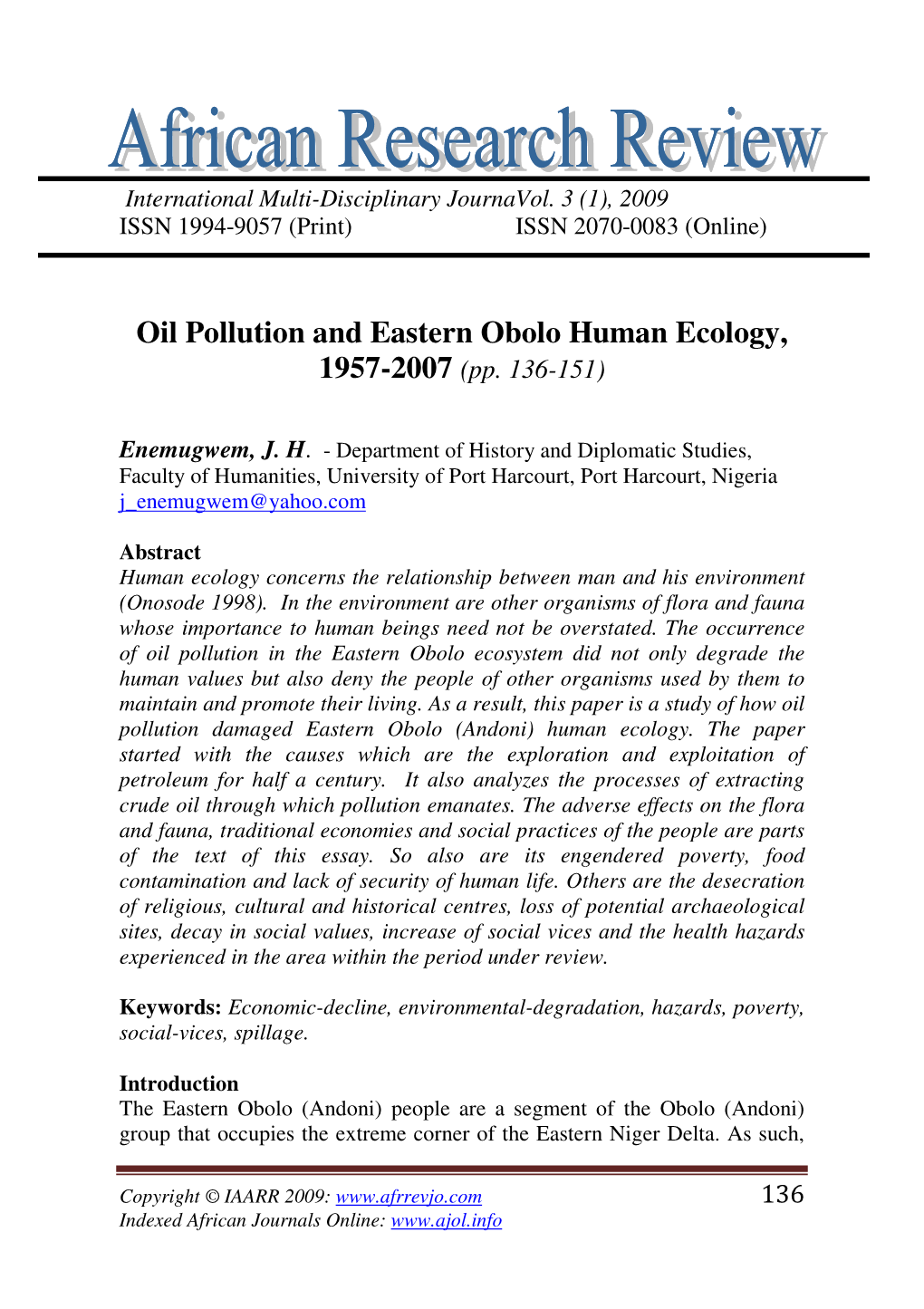 Oil Pollution and Eastern Obolo Human Ecology, 1957-2007 (Pp