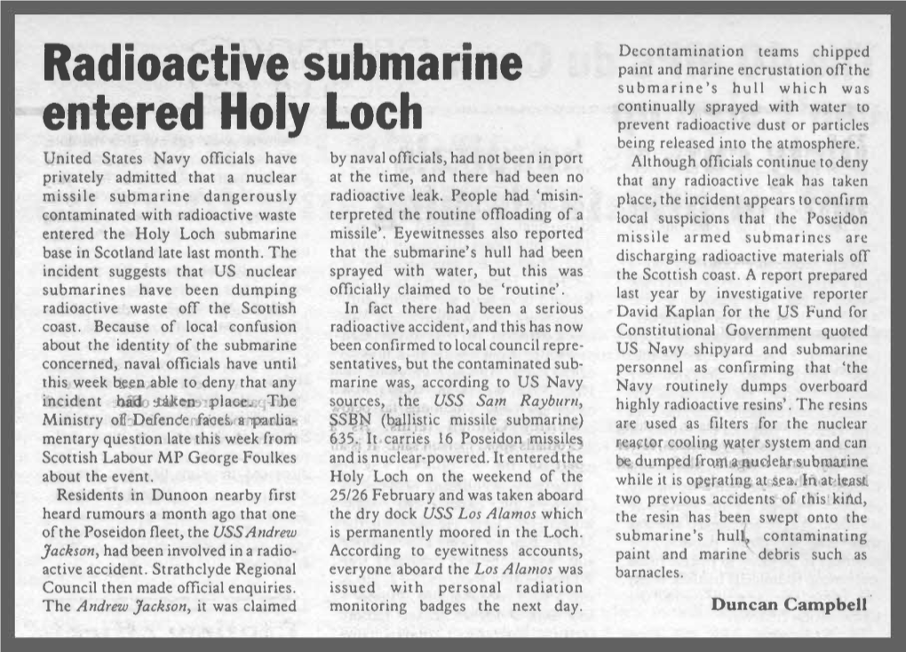 Radioactive Submarine Entered Holy Loch