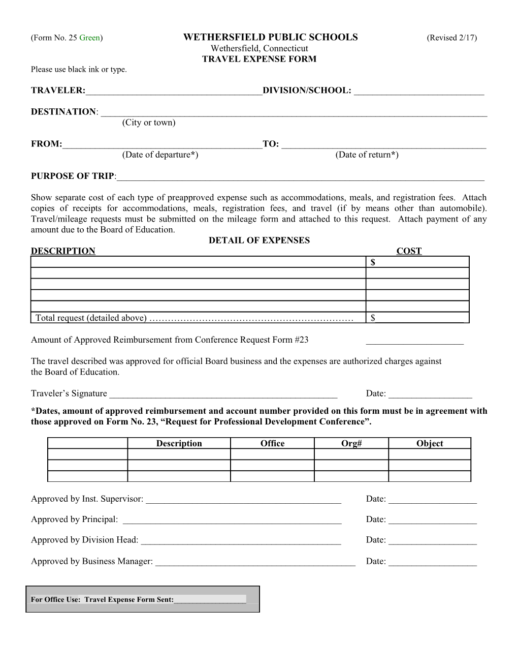 Form No. 25 Green) WETHERSFIELD PUBLIC SCHOOLS (Revised 2/17