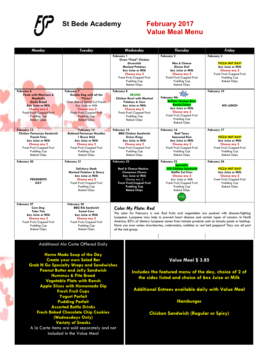 St Bede Academy February 2017 Value Meal Menu