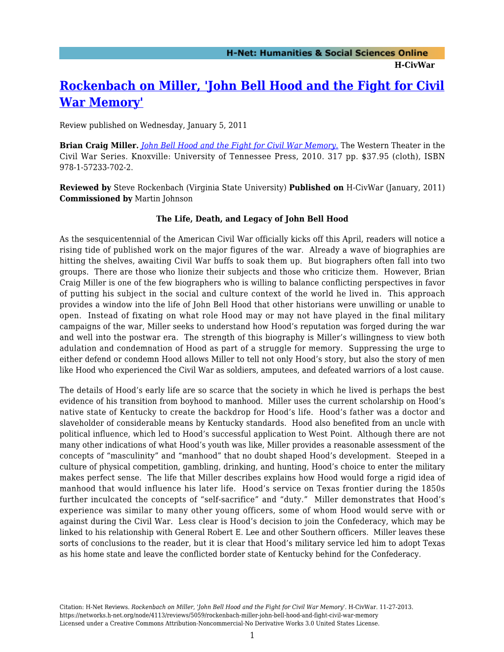 Rockenbach on Miller, 'John Bell Hood and the Fight for Civil War Memory'