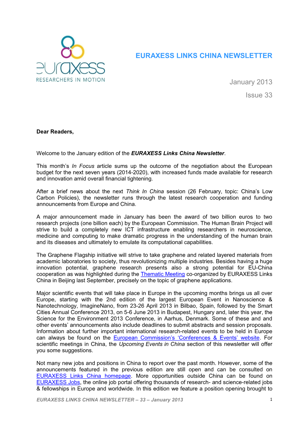EURAXESS LINKS CHINA NEWSLETTER January 2013 Issue 33