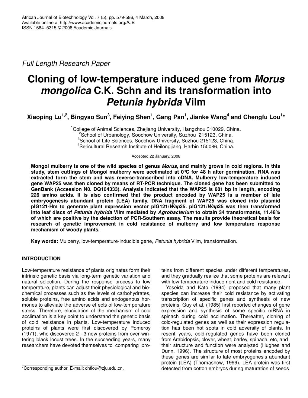 Cloning of Low-Temperature Induced Gene from Morus Mongolica C.K. Schn and Its Transformation Into Petunia Hybrida Vilm