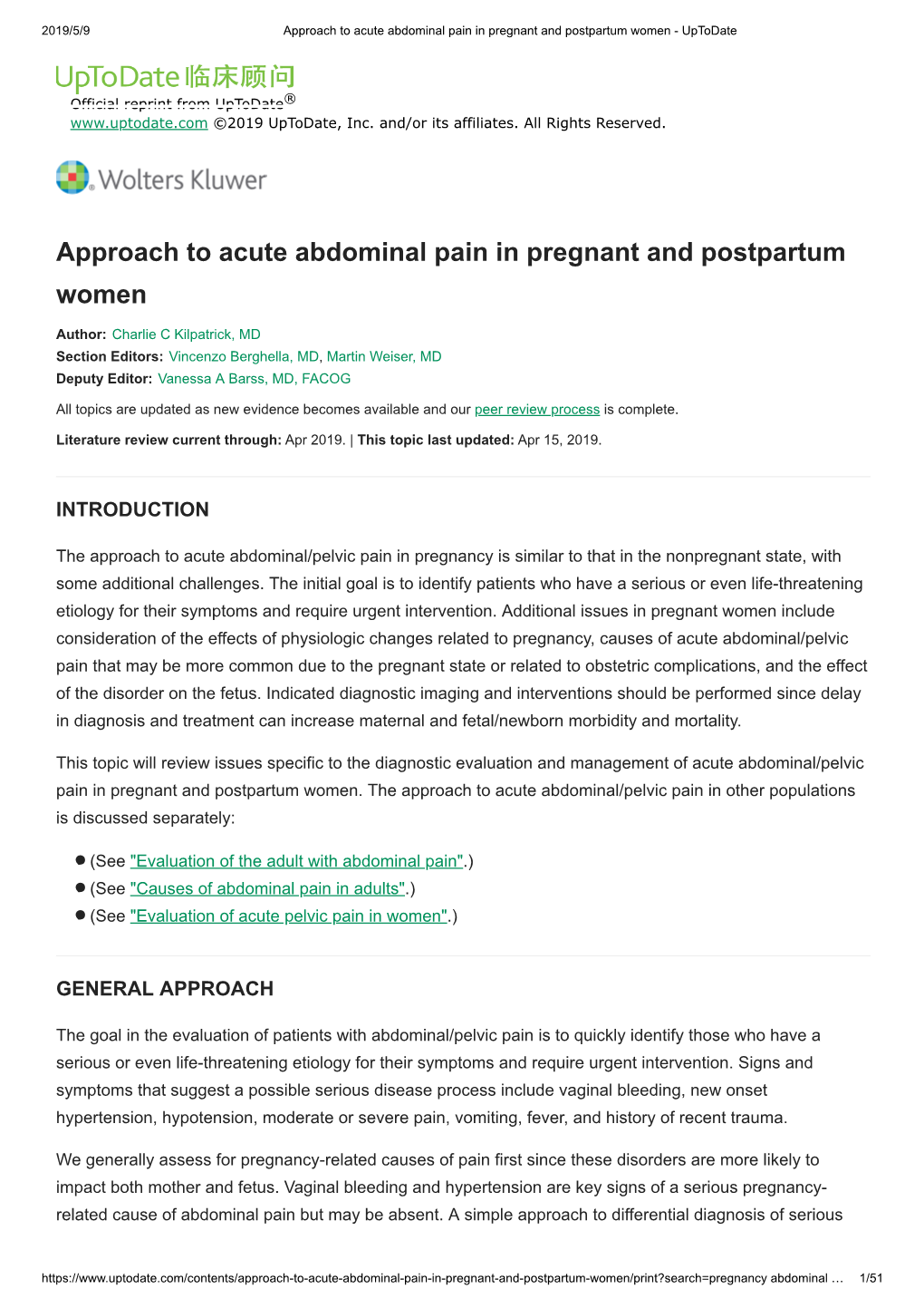 Approach to Acute Abdominal Pain in Pregnant and Postpartum Women - Uptodate