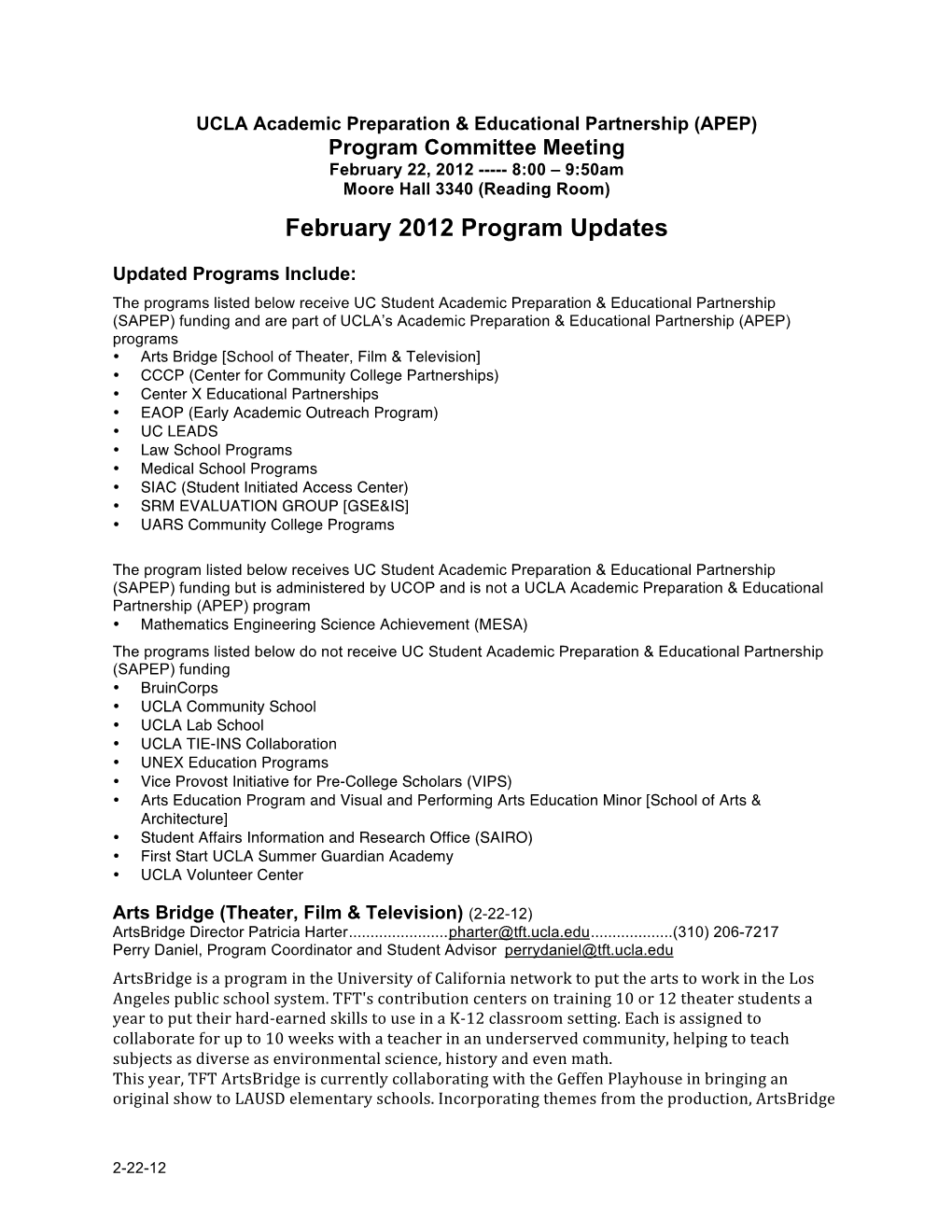 February 2012 Program Updates