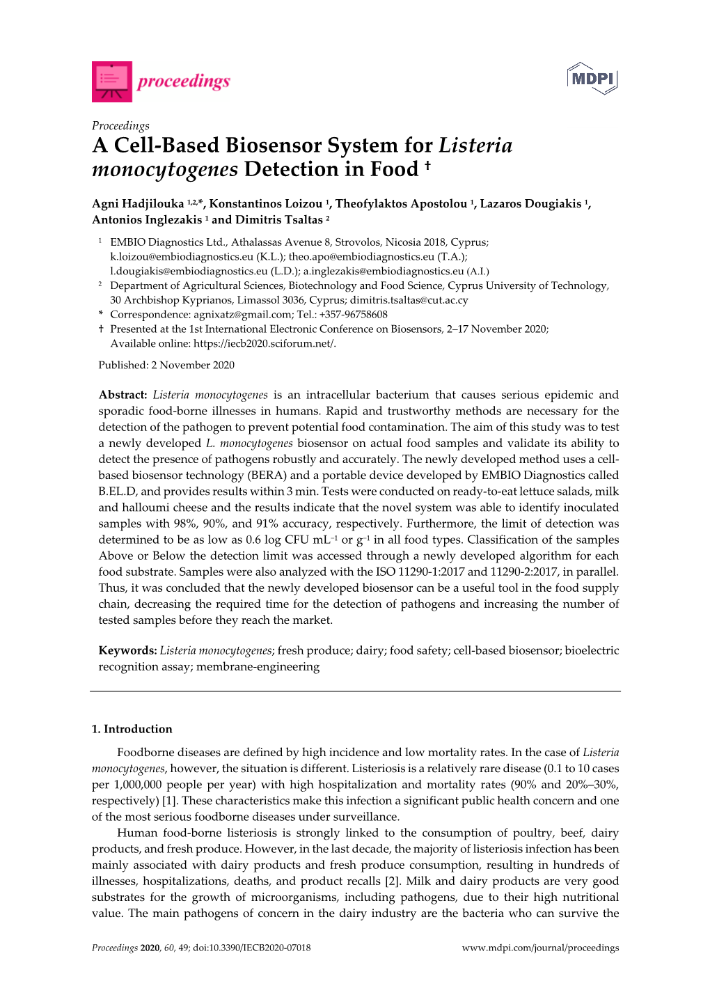 A Cell-Based Biosensor System for Listeria Monocytogenes Detection in Food †