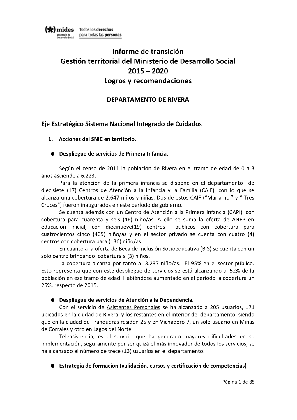 Informe De Transición Gestón Territorial Del Ministerio De Iesarrollo Social 2015 – 2020 Logros Y Recomendaciones