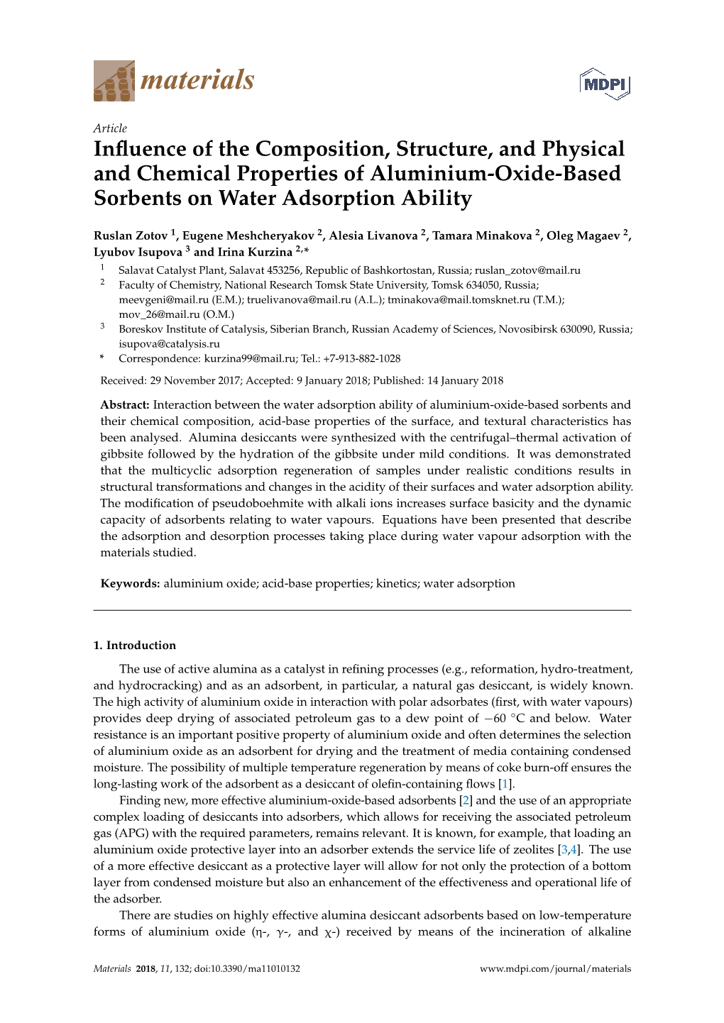 Influence of the Composition, Structure, and Physical and Chemical Properties of Aluminium-Oxide-Based Sorbents on Water Adsorpt