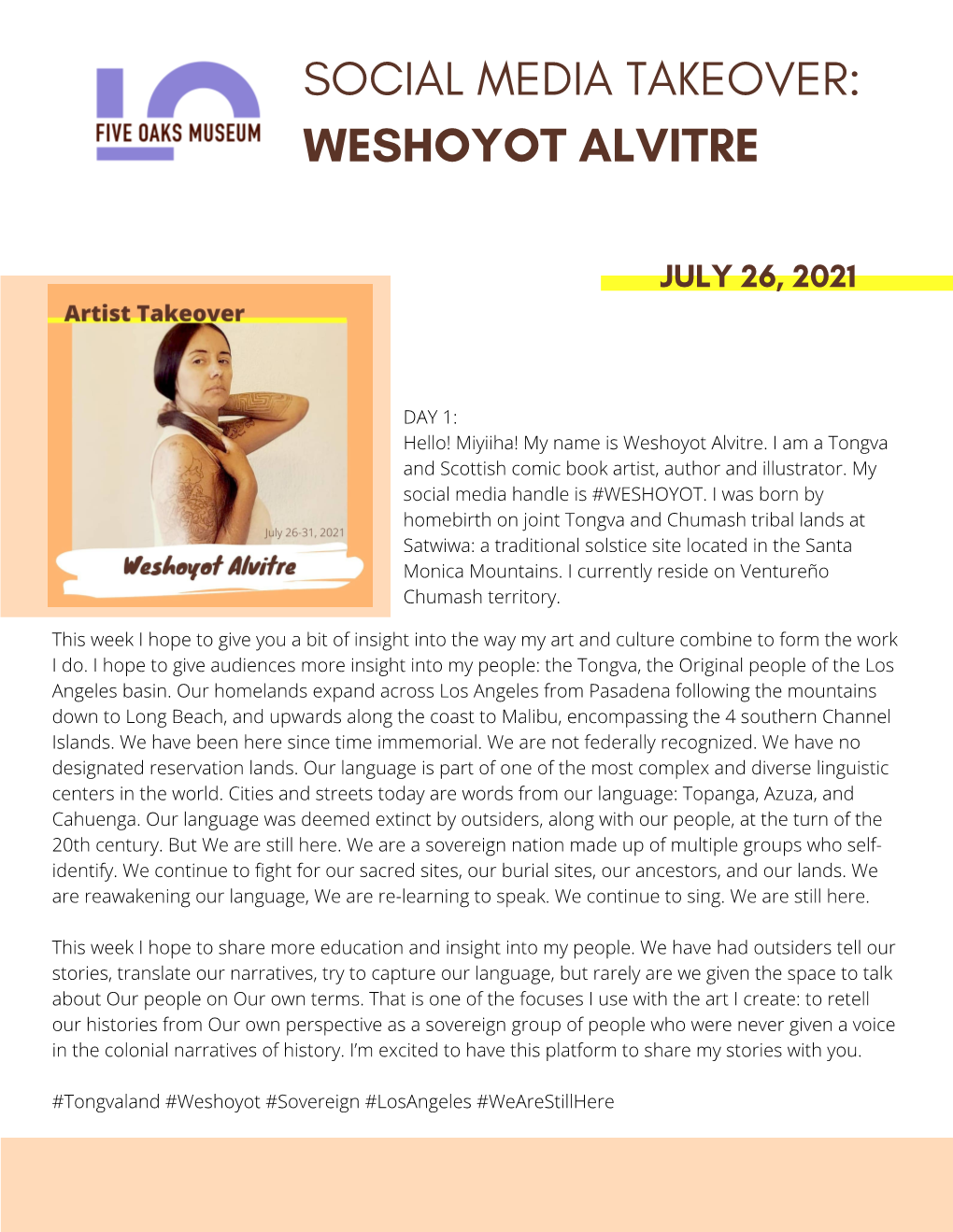 Social Media Takeover: Weshoyot Alvitre