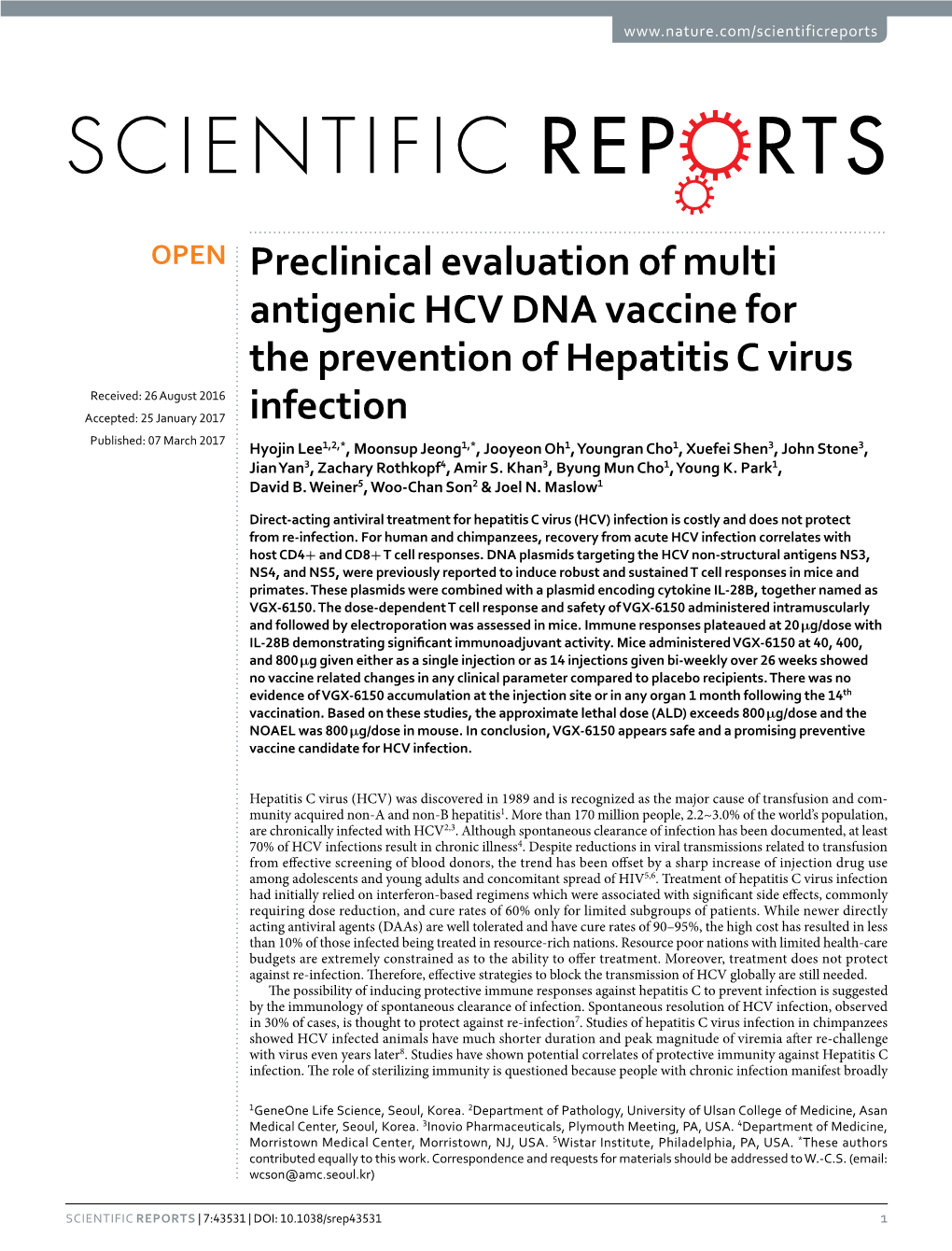 Preclinical Evaluation of Multi Antigenic HCV DNA Vaccine for the Prevention of Hepatitis C Virus Infection