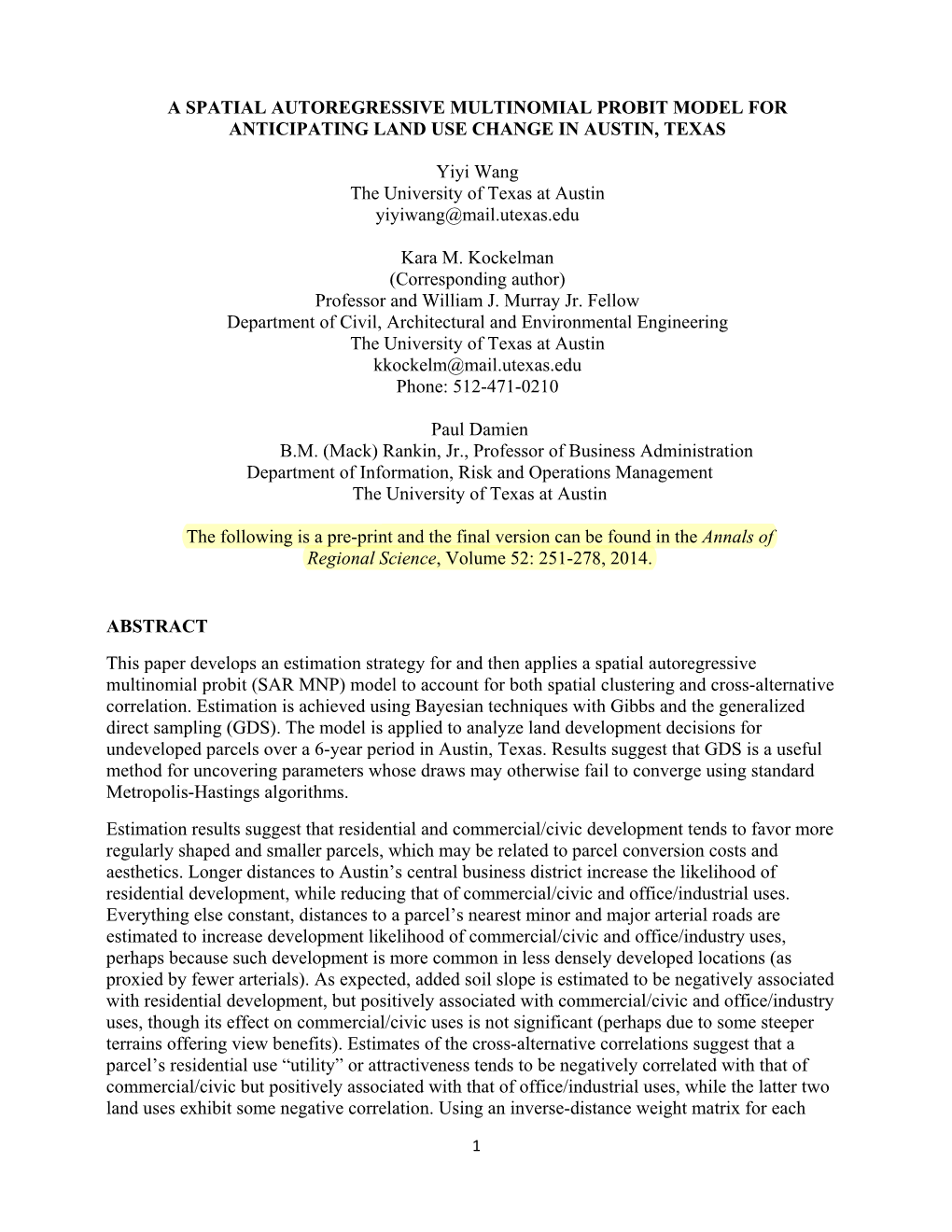 A Spatial Autoregressive Multinomial Probit Model for Anticipating Land Use Change in Austin, Texas