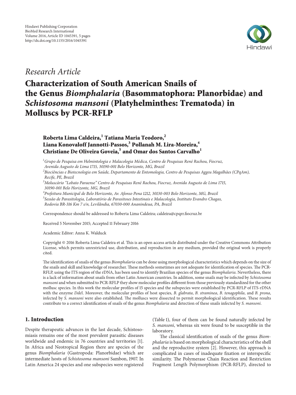 Characterization of South American Snails of the Genus Biomphalaria