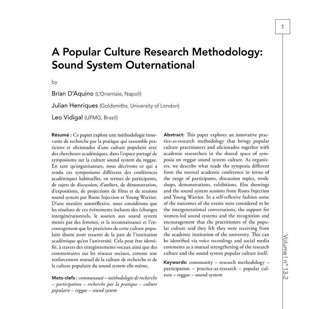 A Popular Culture Research Methodology: Sound System Outernational By