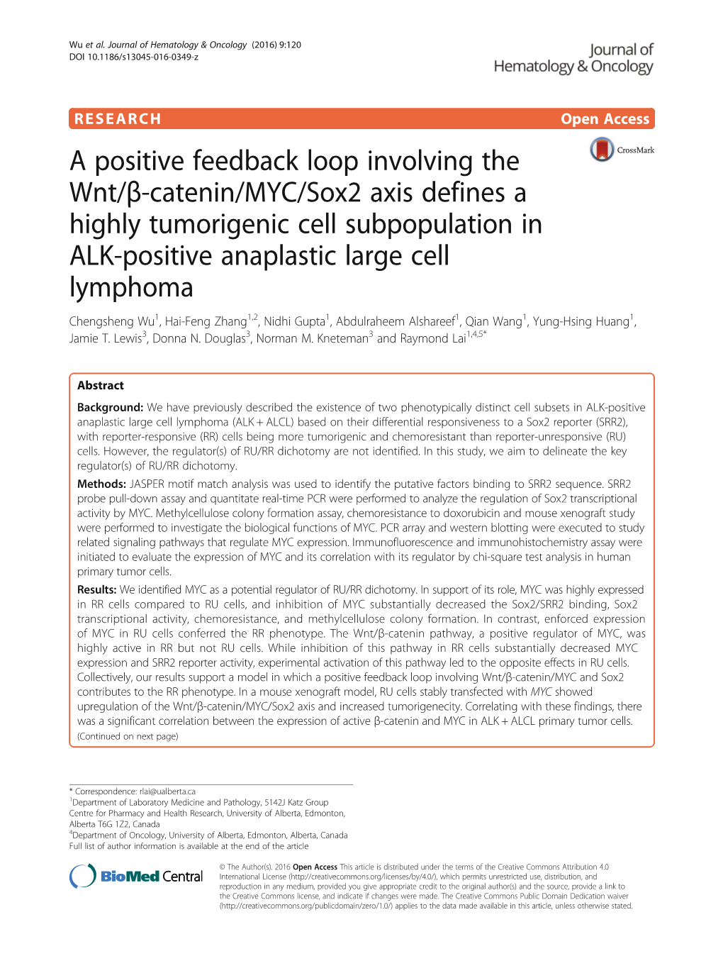 A Positive Feedback Loop Involving the Wnt/Β-Catenin/MYC/Sox2 Axis Defines a Highly Tumorigenic Cell Subpopulation in ALK-Posit