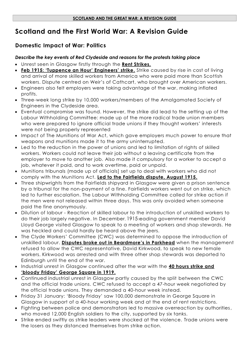 Scotland and the First World War: a Revision Guide