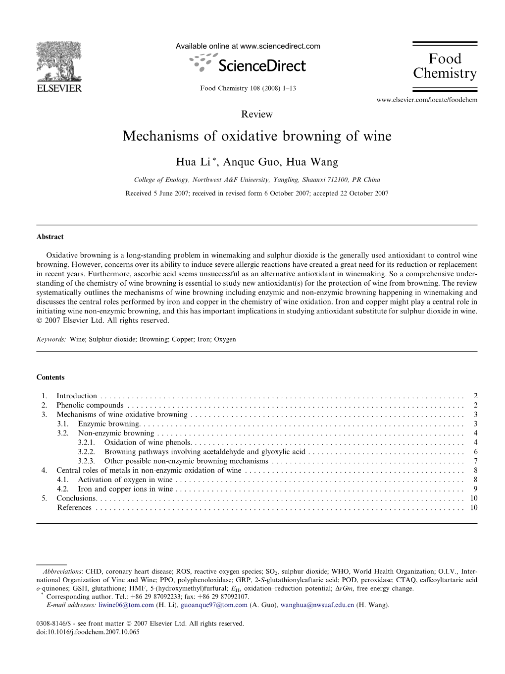 Mechanisms of Oxidative Browning of Wine Food Chemistry