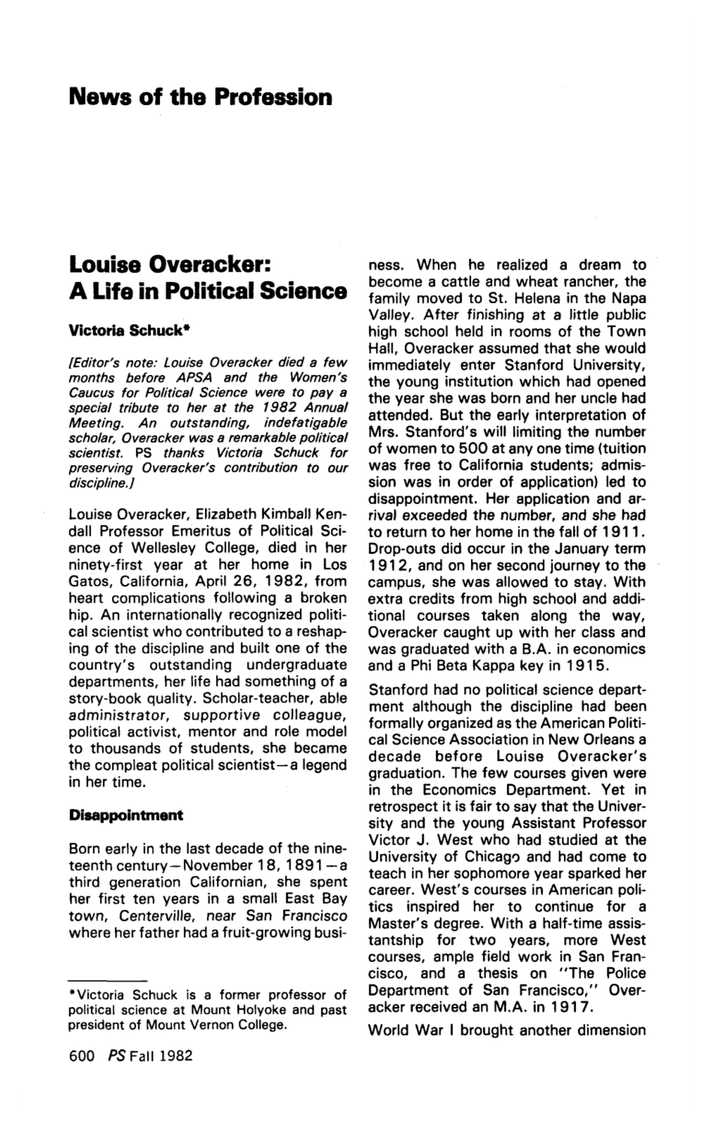 News of the Profession Louise Overacker: a Life in Political Science