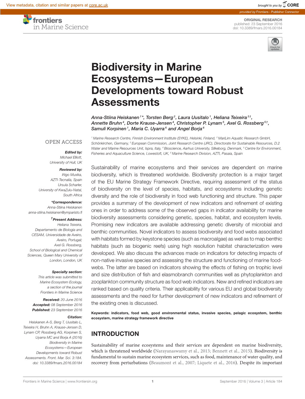 Biodiversity in Marine Ecosystems—European Developments Toward Robust Assessments
