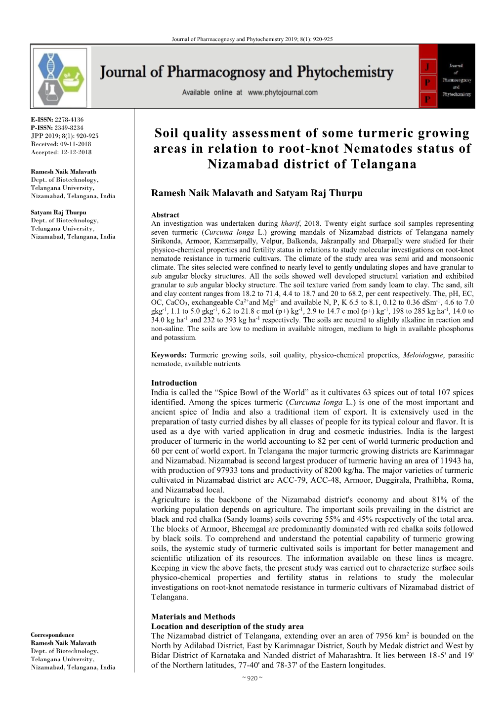 Soil Quality Assessment of Some Turmeric Growing Areas in Relation To