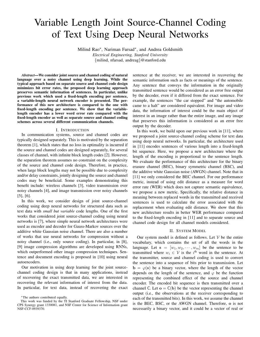 Variable Length Joint Source-Channel Coding of Text Using Deep Neural Networks