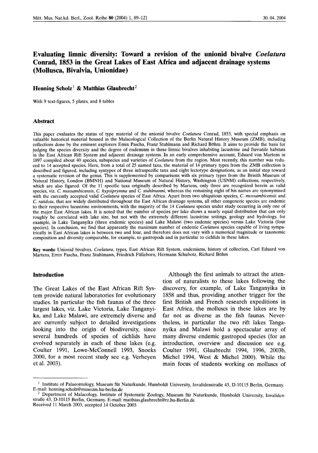 Toward a Revision of the Unionid Bivalve Coelatura Conrad, 1853 in the Great Lakes of East Africa and Adjacent Drainage Systems (Mollusca, Bivalvia, Unionidae)