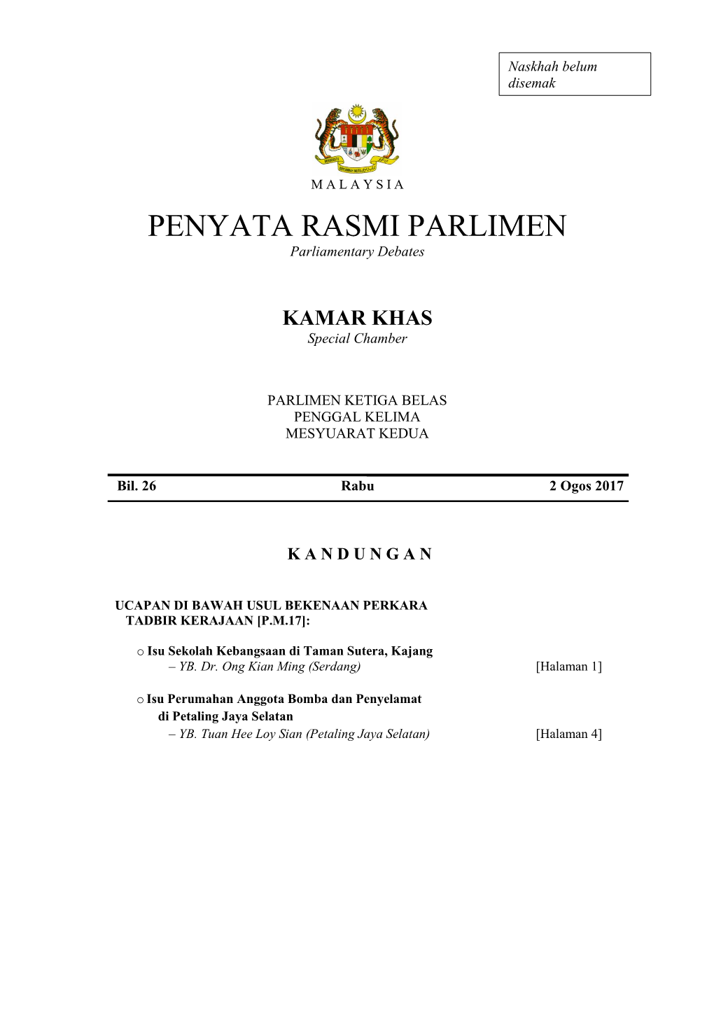 PENYATA RASMI PARLIMEN Parliamentary Debates