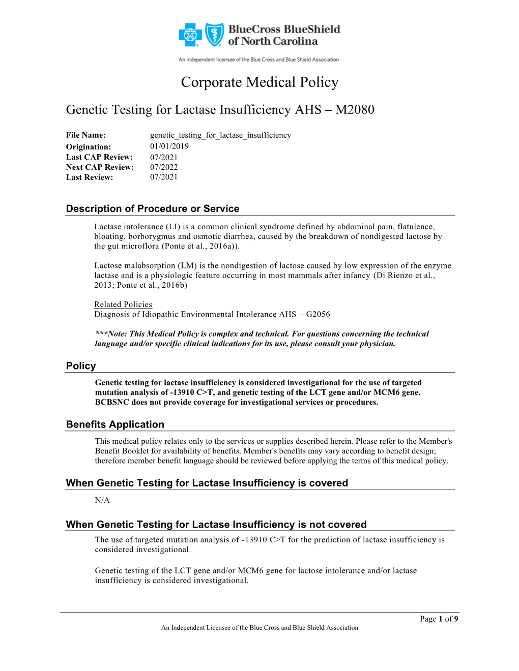 Genetic Testing for Lactase Insufficiency AHS – M2080