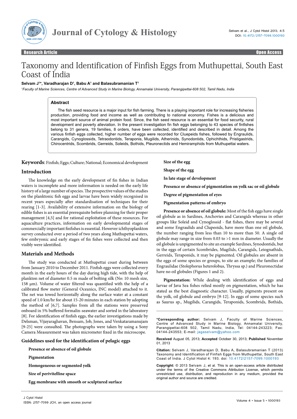 Taxonomy and Identification of Finfish Eggs from Muthupettai, South East