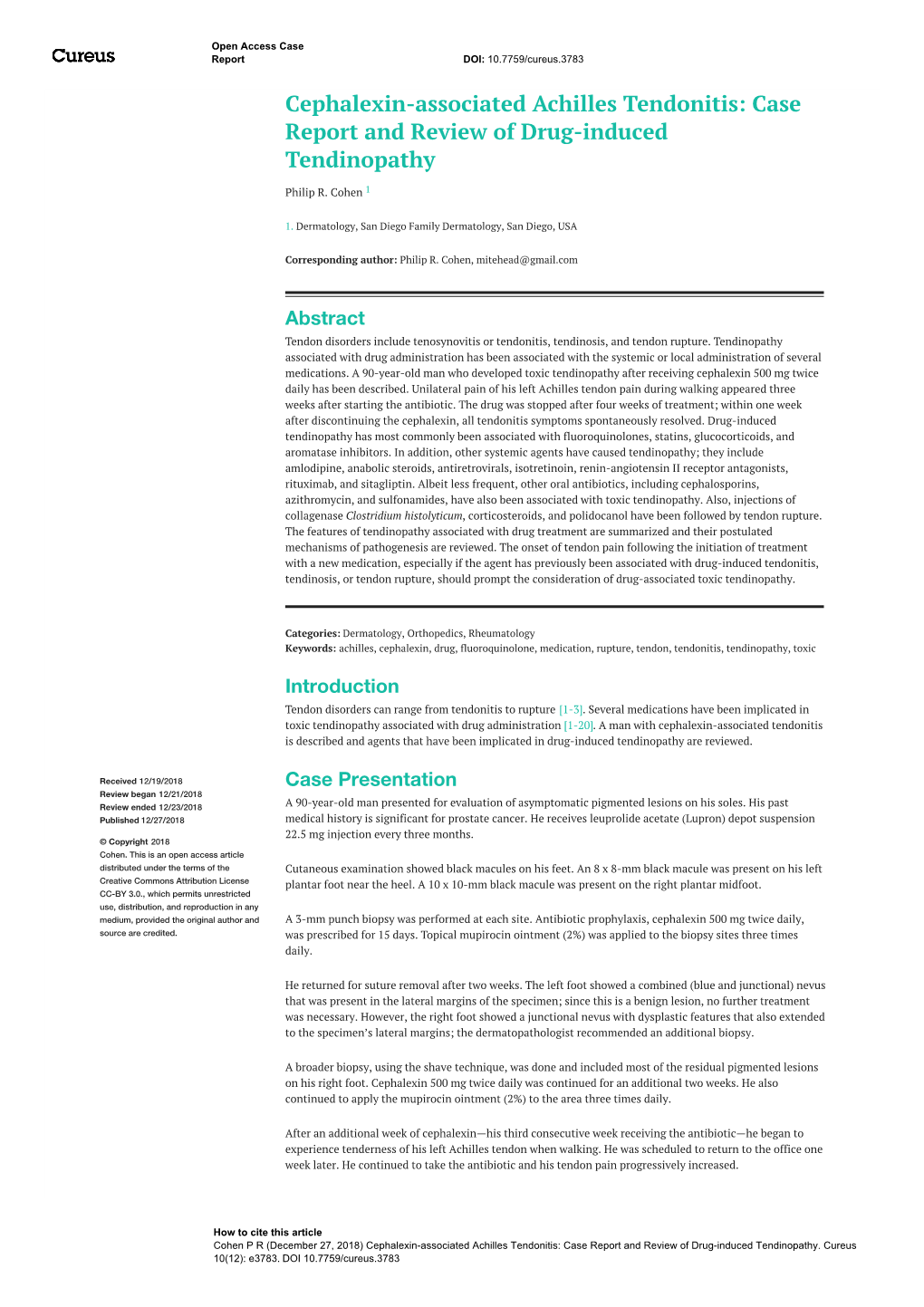 Cephalexin-Associated Achilles Tendonitis: Case Report and Review of Drug-Induced Tendinopathy