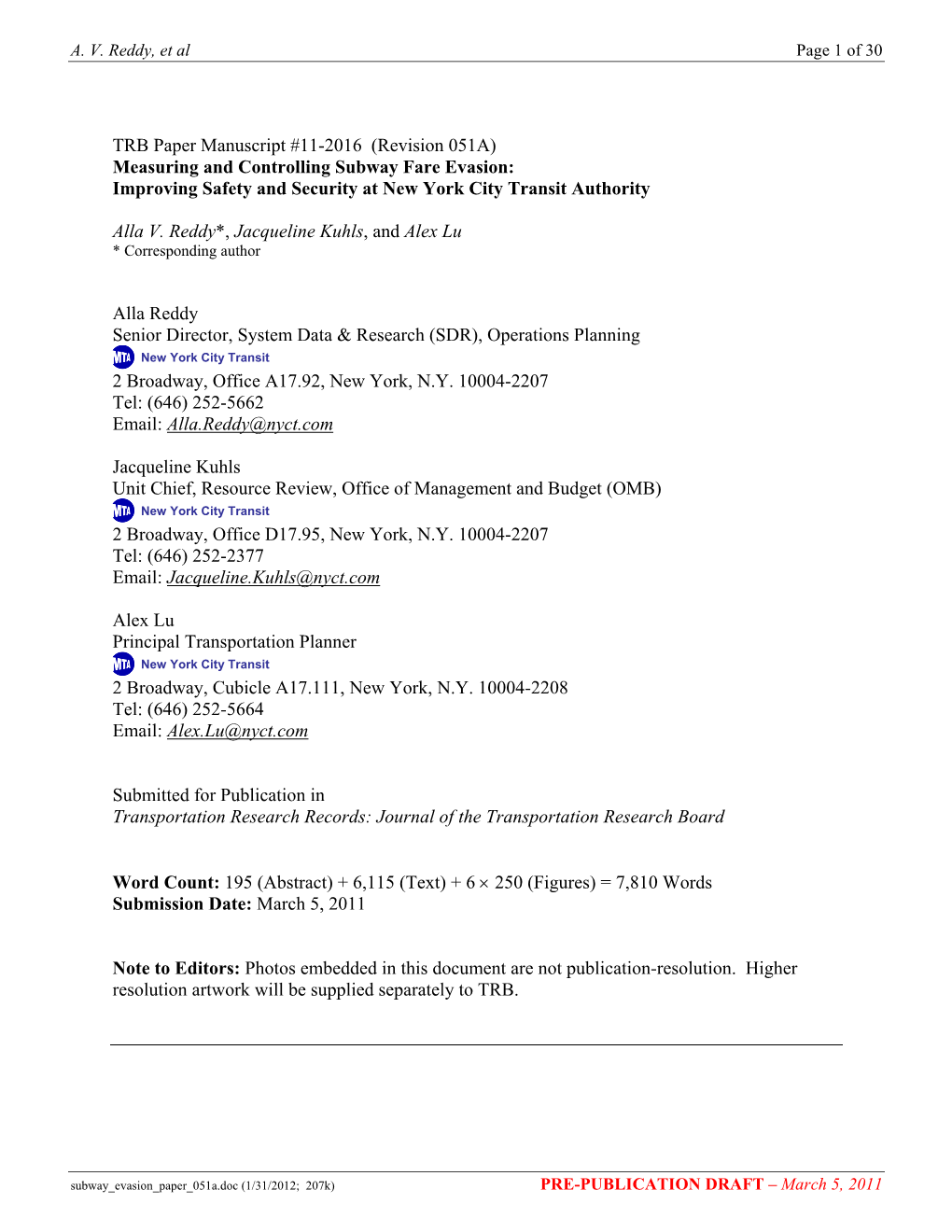 Measuring and Controlling Subway Fare Evasion: Improving Safety and Security at New York City Transit Authority