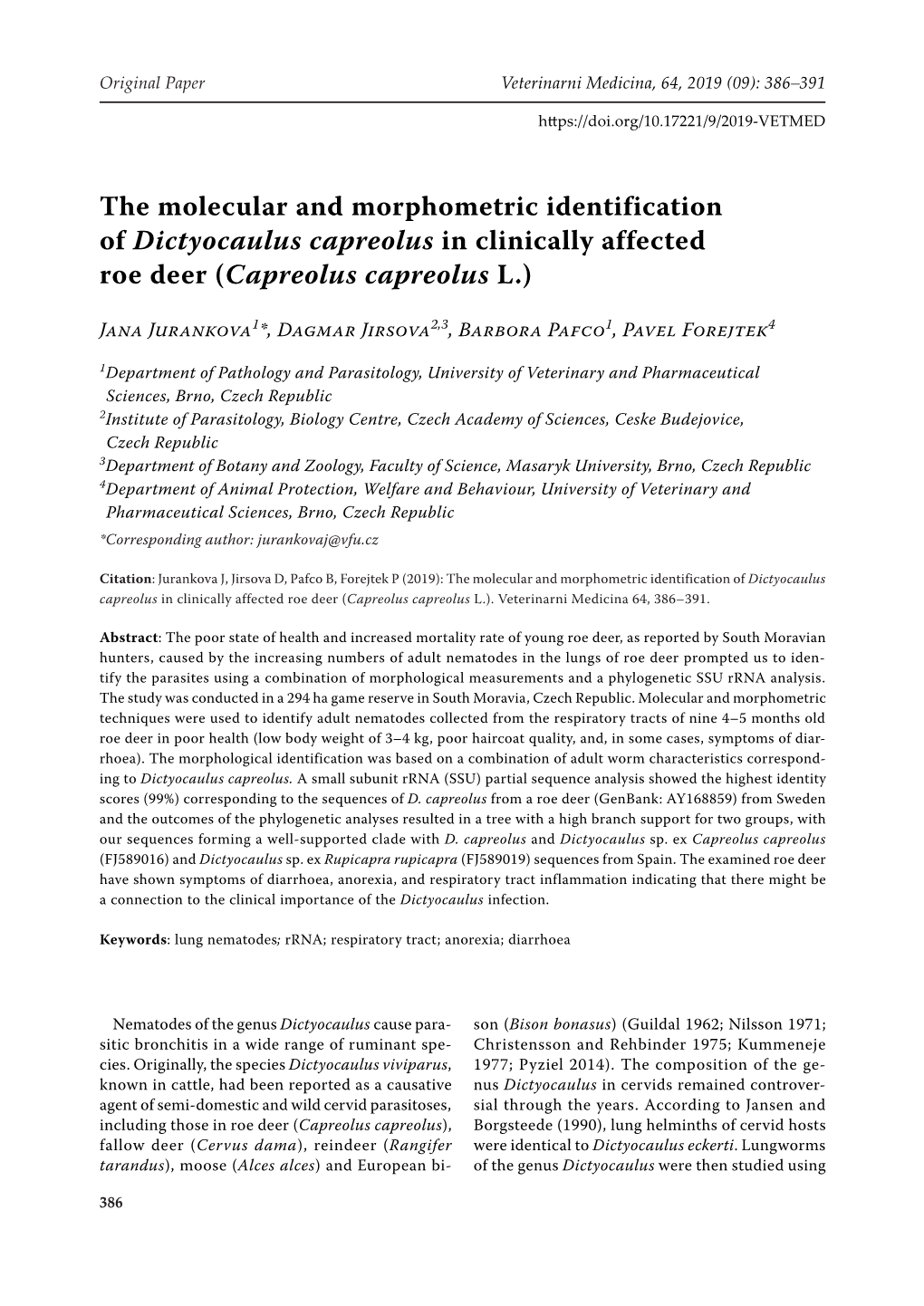 The Molecular and Morphometric Identification of Dictyocaulus Capreolus in Clinically Affected Roe Deer (Capreolus Capreolus L.)