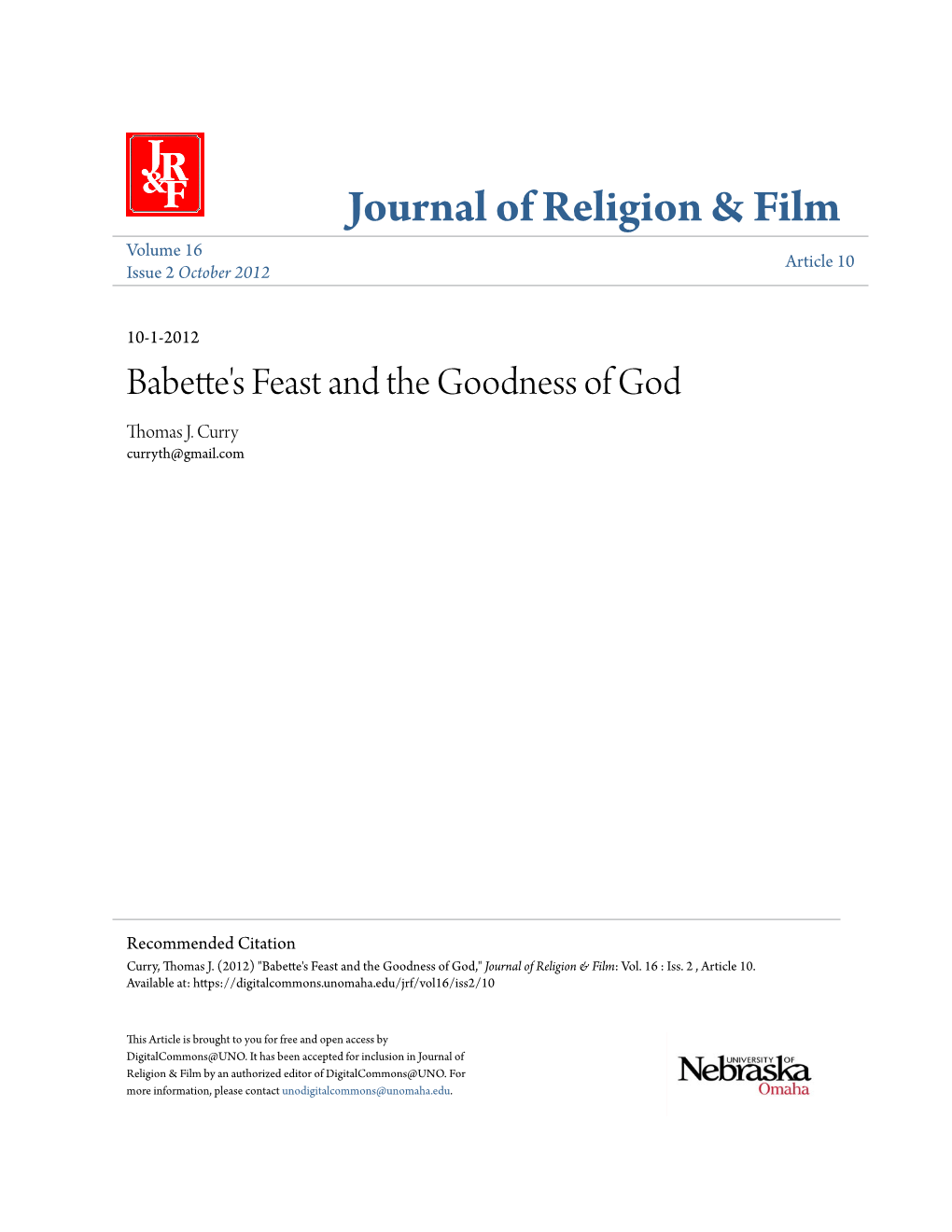 Babette's Feast and the Goodness of God Thomas J