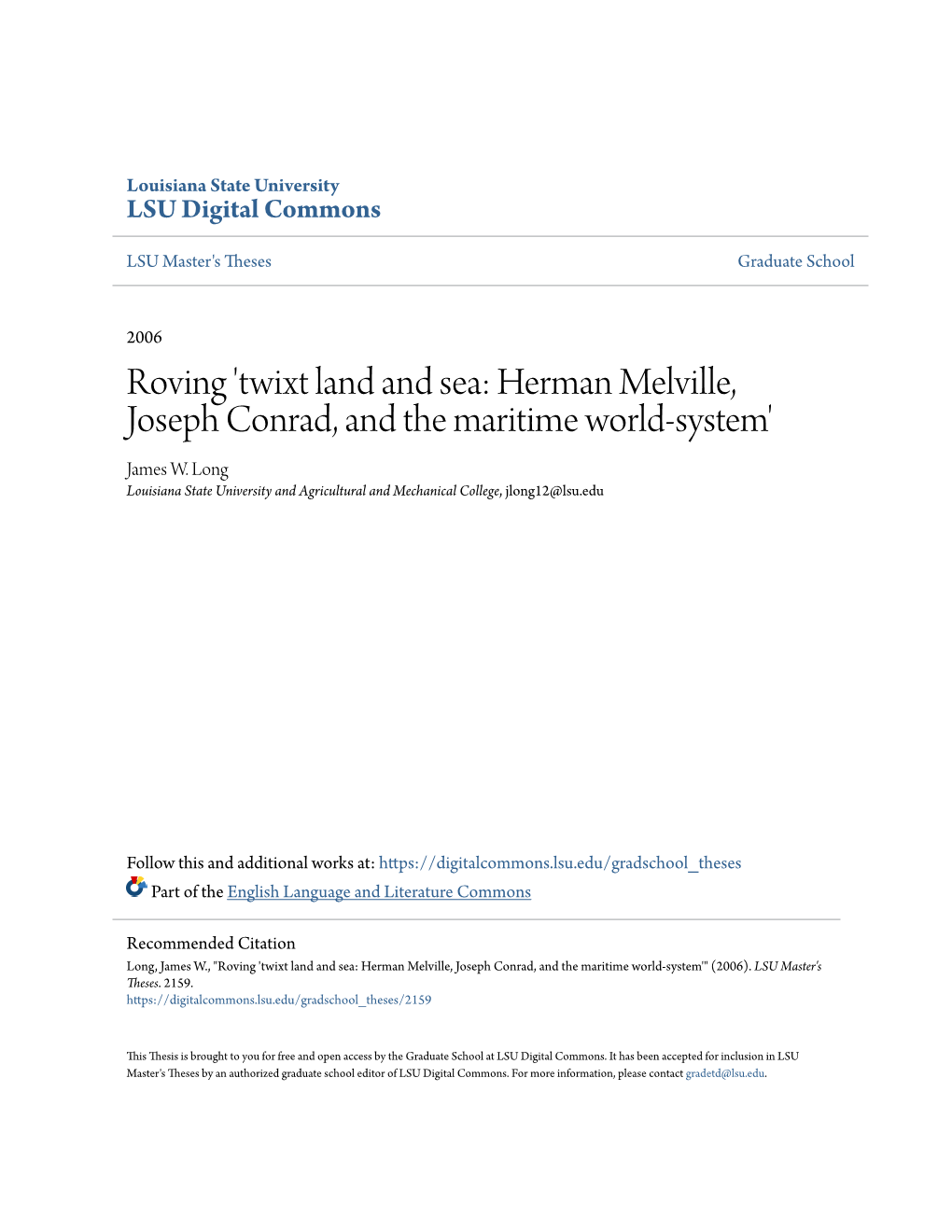 Roving 'Twixt Land and Sea: Herman Melville, Joseph Conrad, and the Maritime World-System' James W