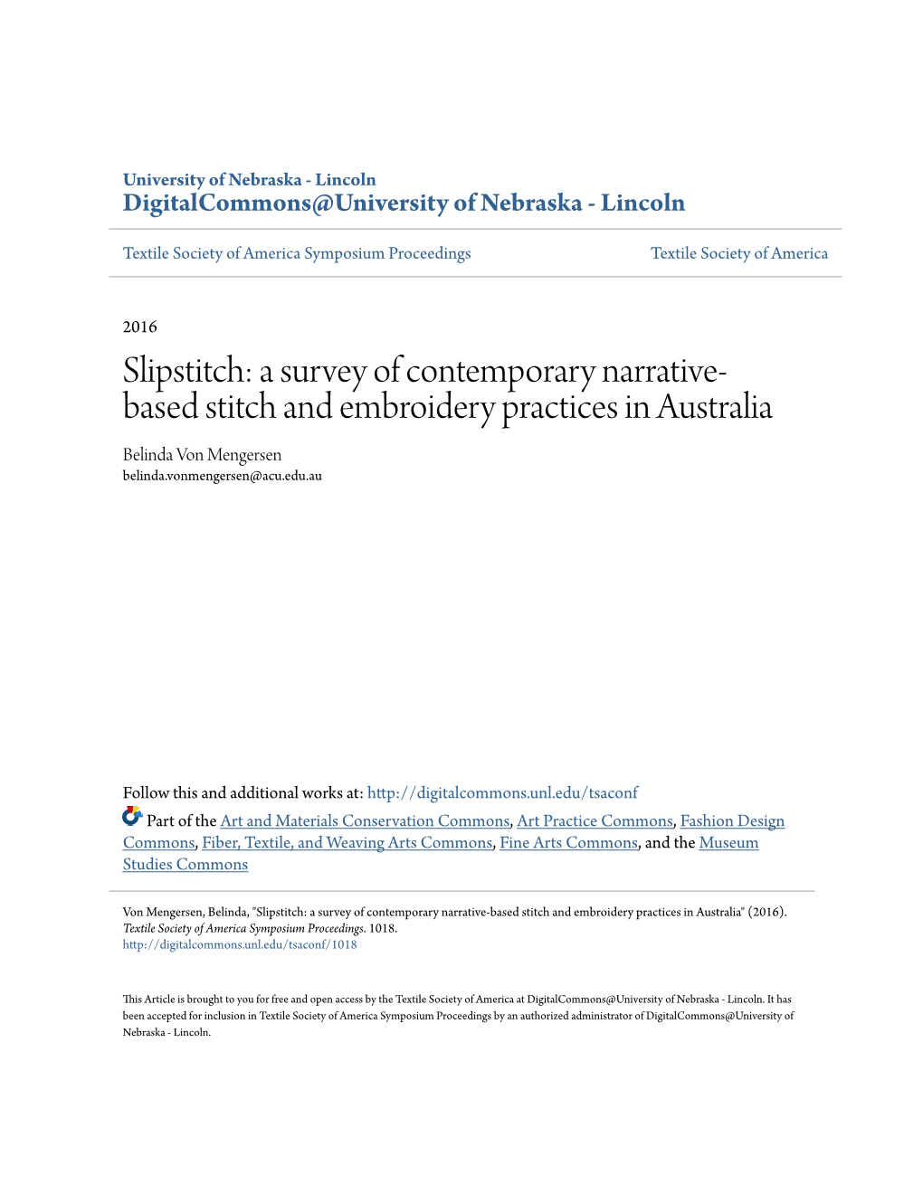 Slipstitch: a Survey of Contemporary Narrative-Based Stitch and Embroidery Practices in Australia" (2016)