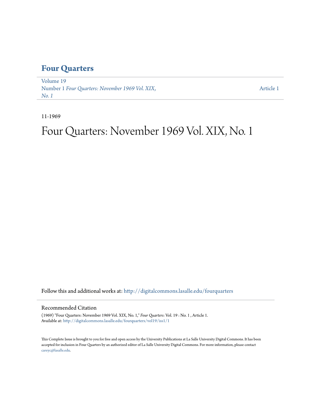 Four Quarters Volume 19 Number 1 Four Quarters: November 1969 Vol
