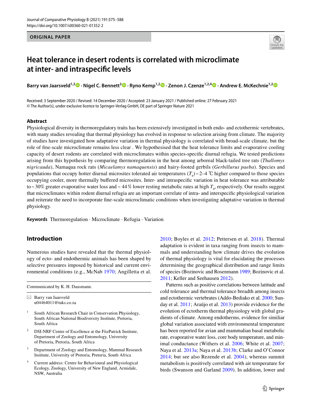 Heat Tolerance in Desert Rodents Is Correlated with Microclimate at Inter‑ and Intraspecifc Levels