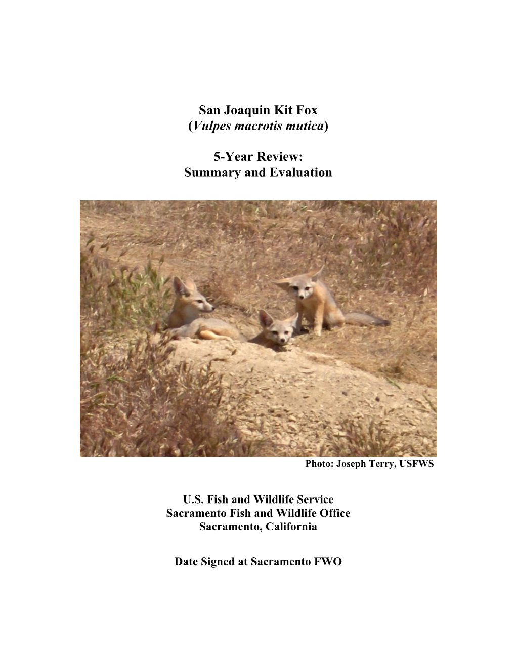 San Joaquin Kit Fox (Vulpes Macrotis Mutica) 5-Year Review