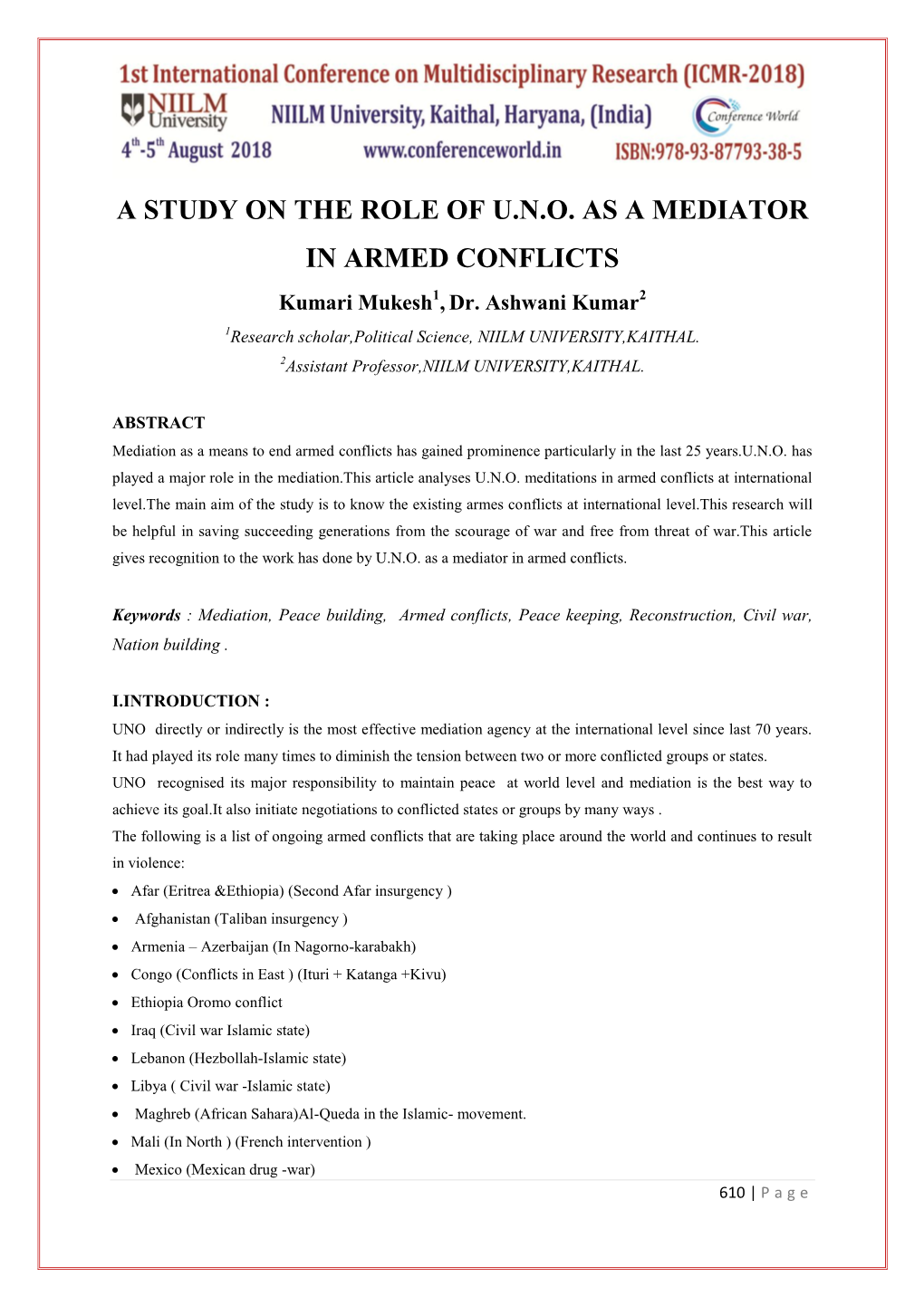A Study on the Role of U.N.O. As a Mediator in Armed Conflicts