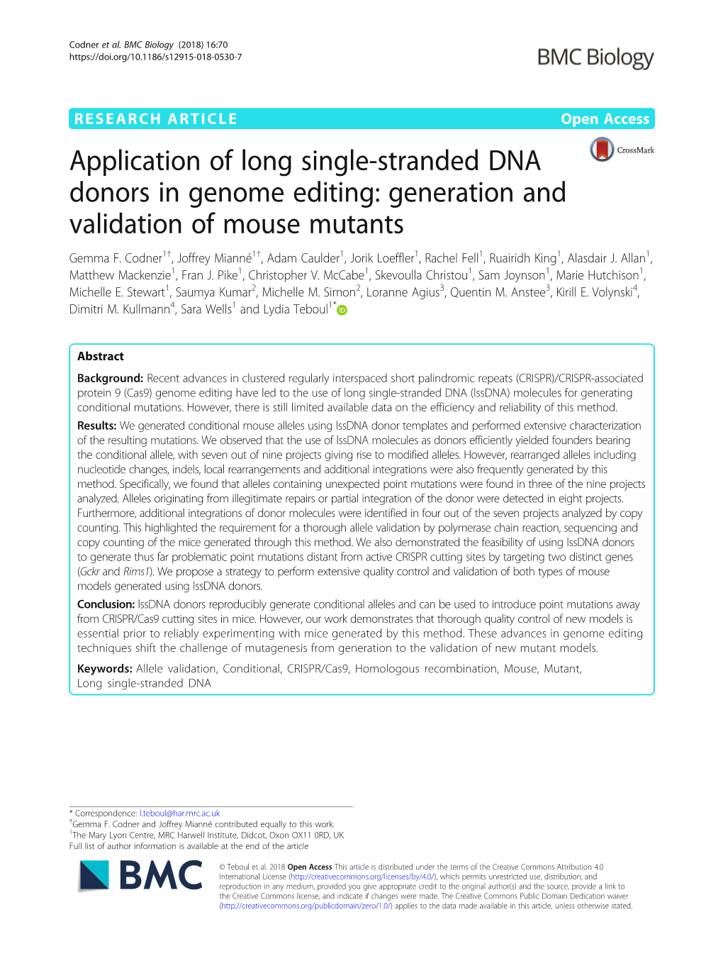 Application of Long Single-Stranded DNA Donors in Genome Editing: Generation and Validation of Mouse Mutants Gemma F