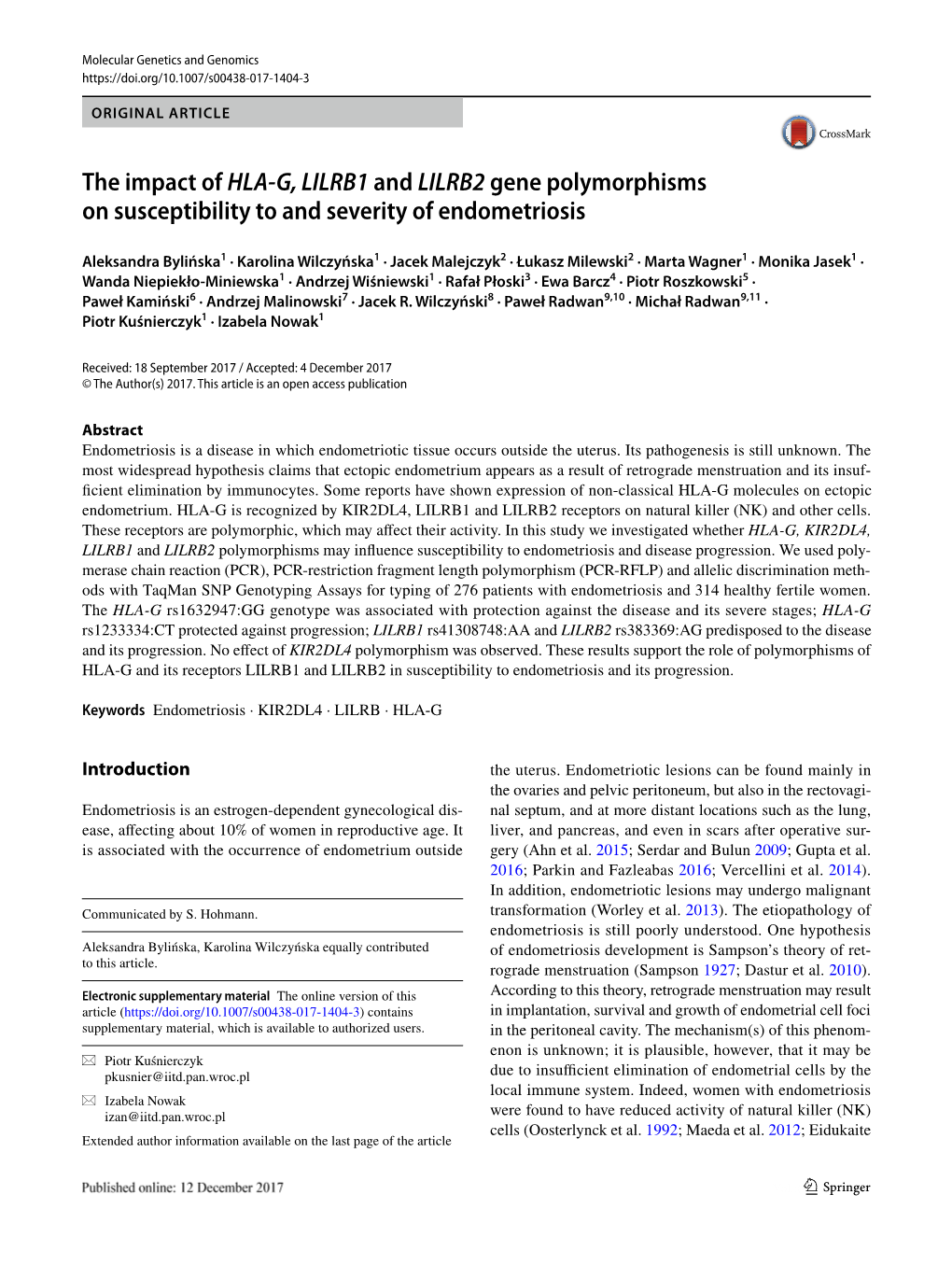 The Impact of HLA-G, LILRB1 and LILRB2 Gene Polymorphisms on Susceptibility to and Severity of Endometriosis