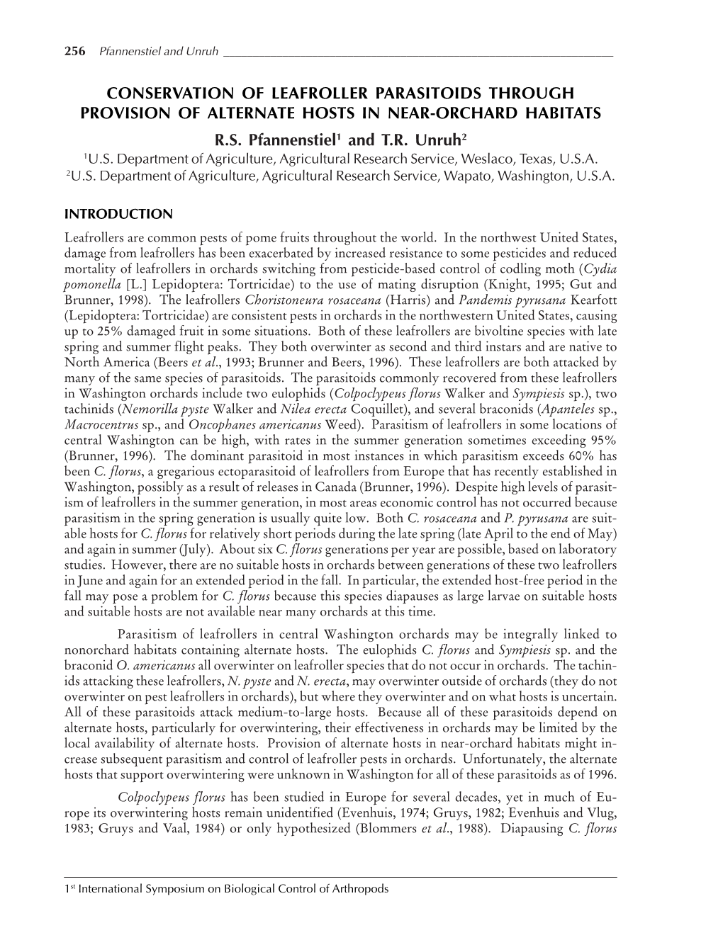 Conservation of Leafroller Parasitoids Through Provision of Alternate Hosts in Near-Orchard Habitats R.S