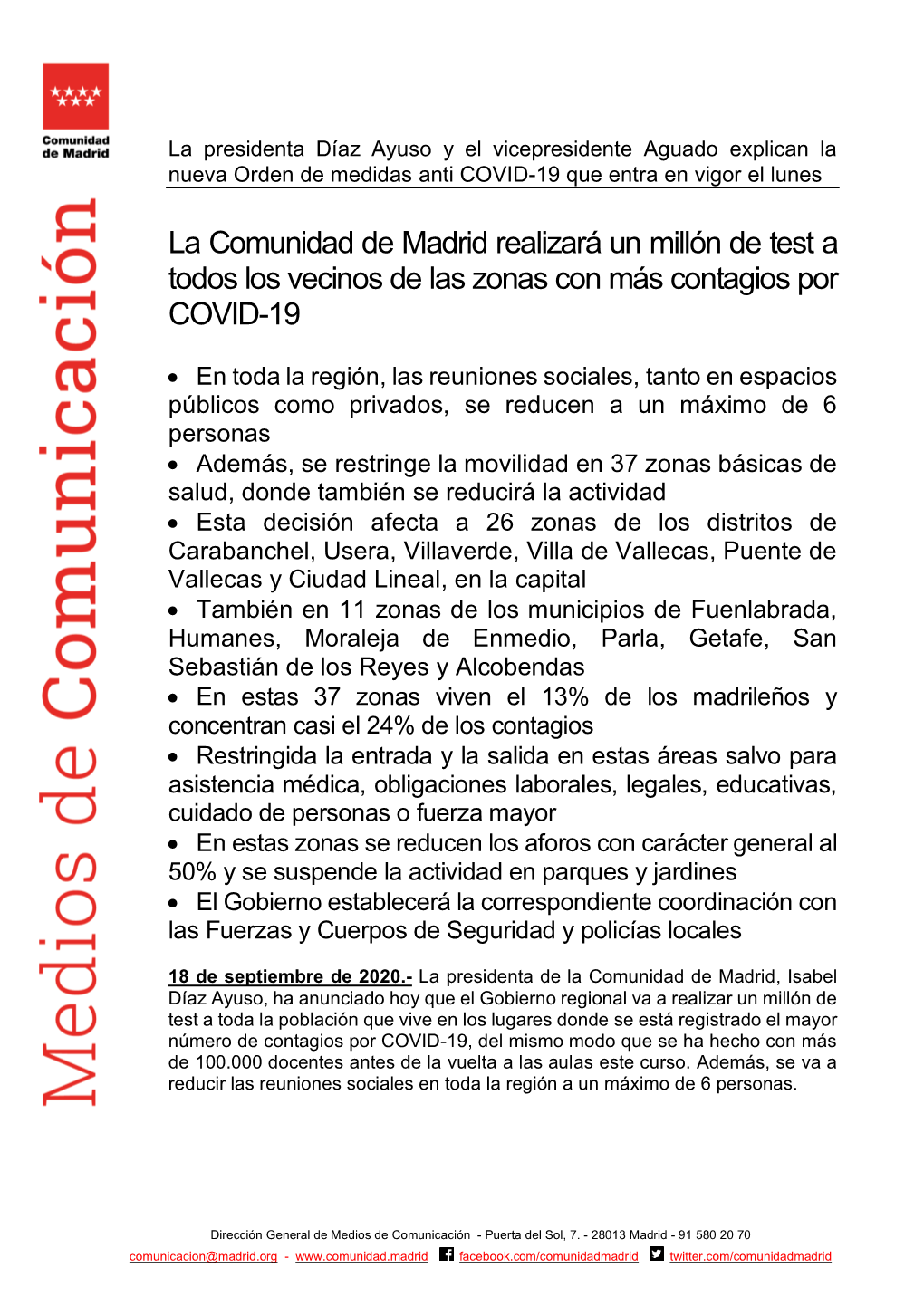 La Comunidad De Madrid Realizará Un Millón De Test a Todos Los Vecinos De Las Zonas Con Más Contagios Por COVID-19