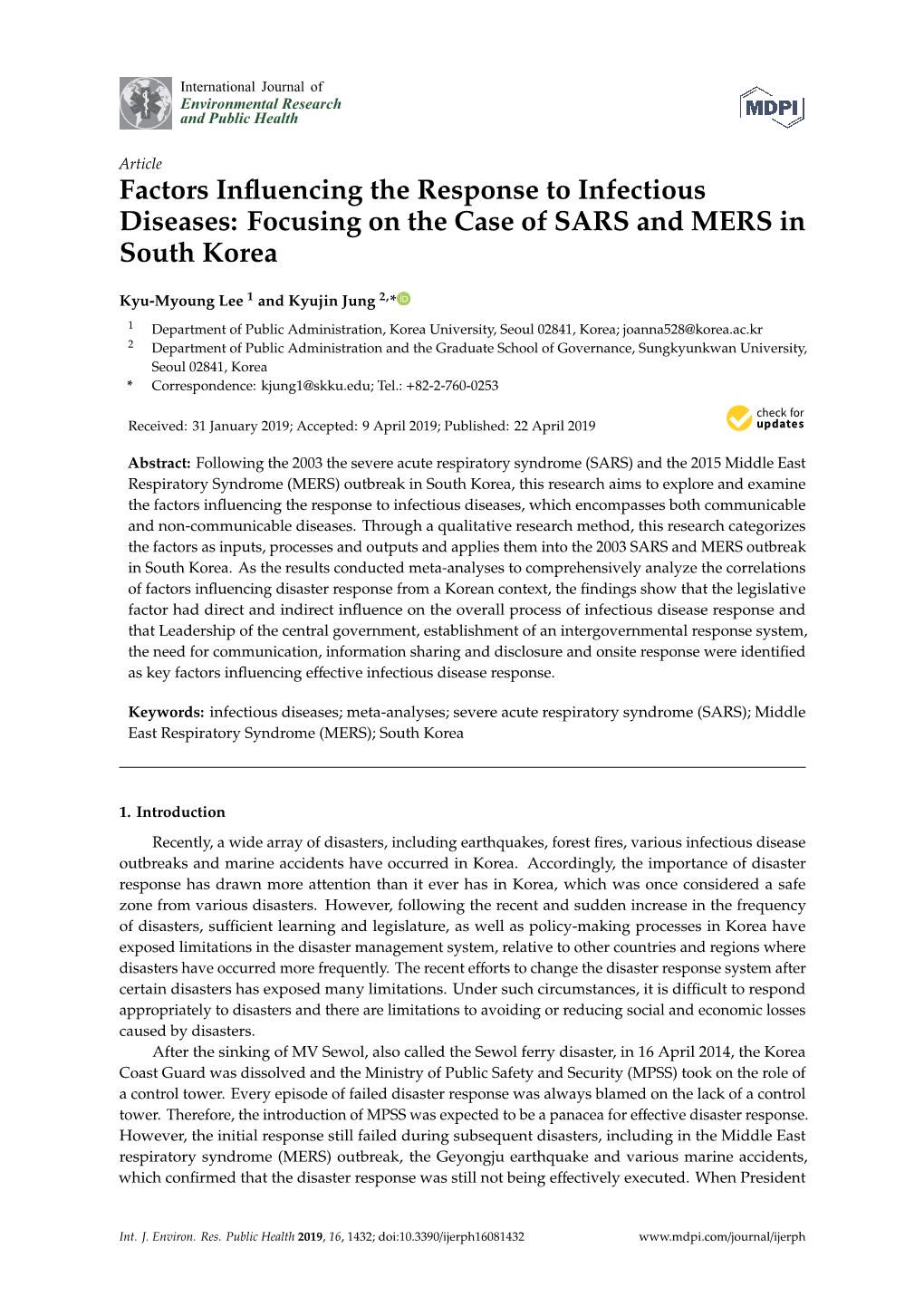 Factors Influencing the Response to Infectious Diseases: Focusing on the Case of SARS and MERS in South Korea