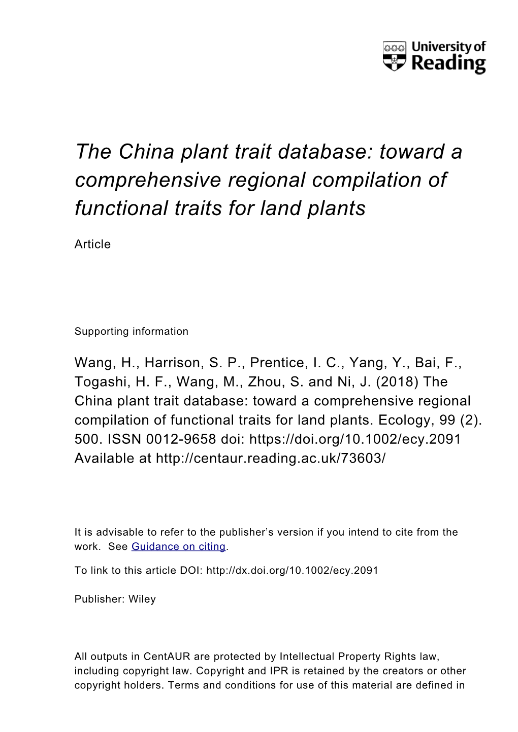 The China Plant Trait Database: Toward a Comprehensive Regional Compilation of Functional Traits for Land Plants