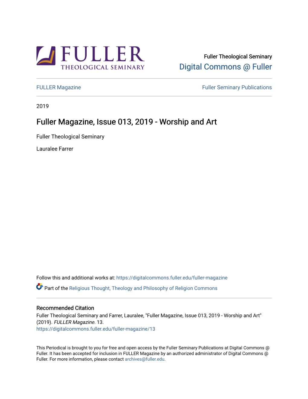 Fuller Magazine, Issue 013, 2019 - Worship and Art