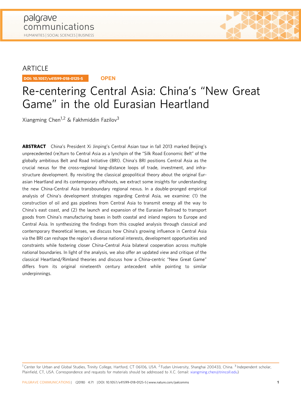 Re-Centering Central Asia: China's “New Great Game”