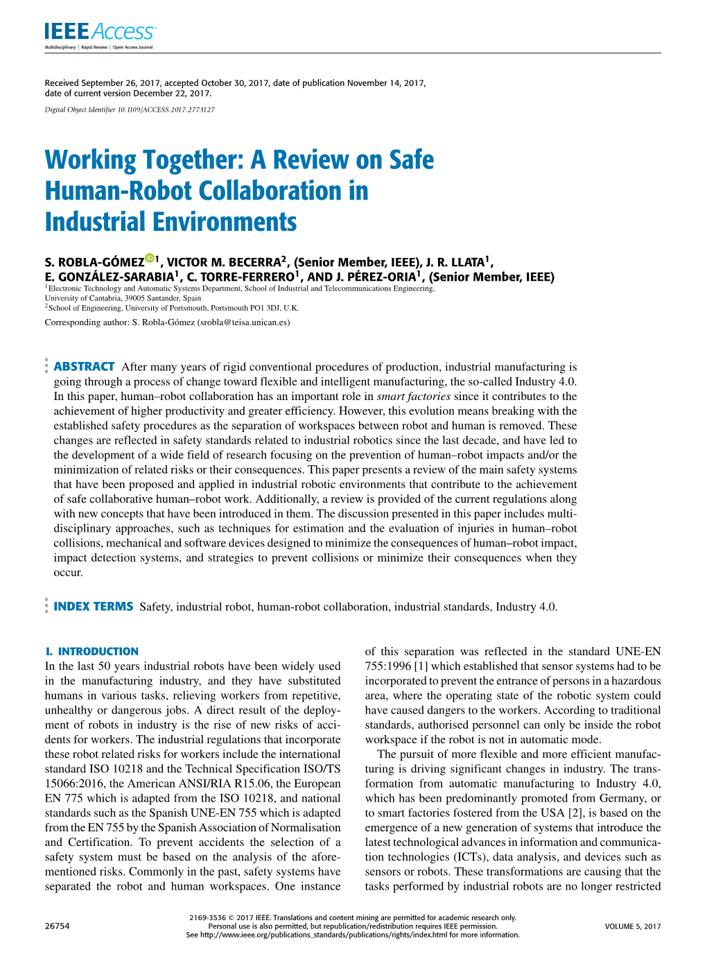 Working Together: a Review on Safe Human-Robot Collaboration in Industrial Environments