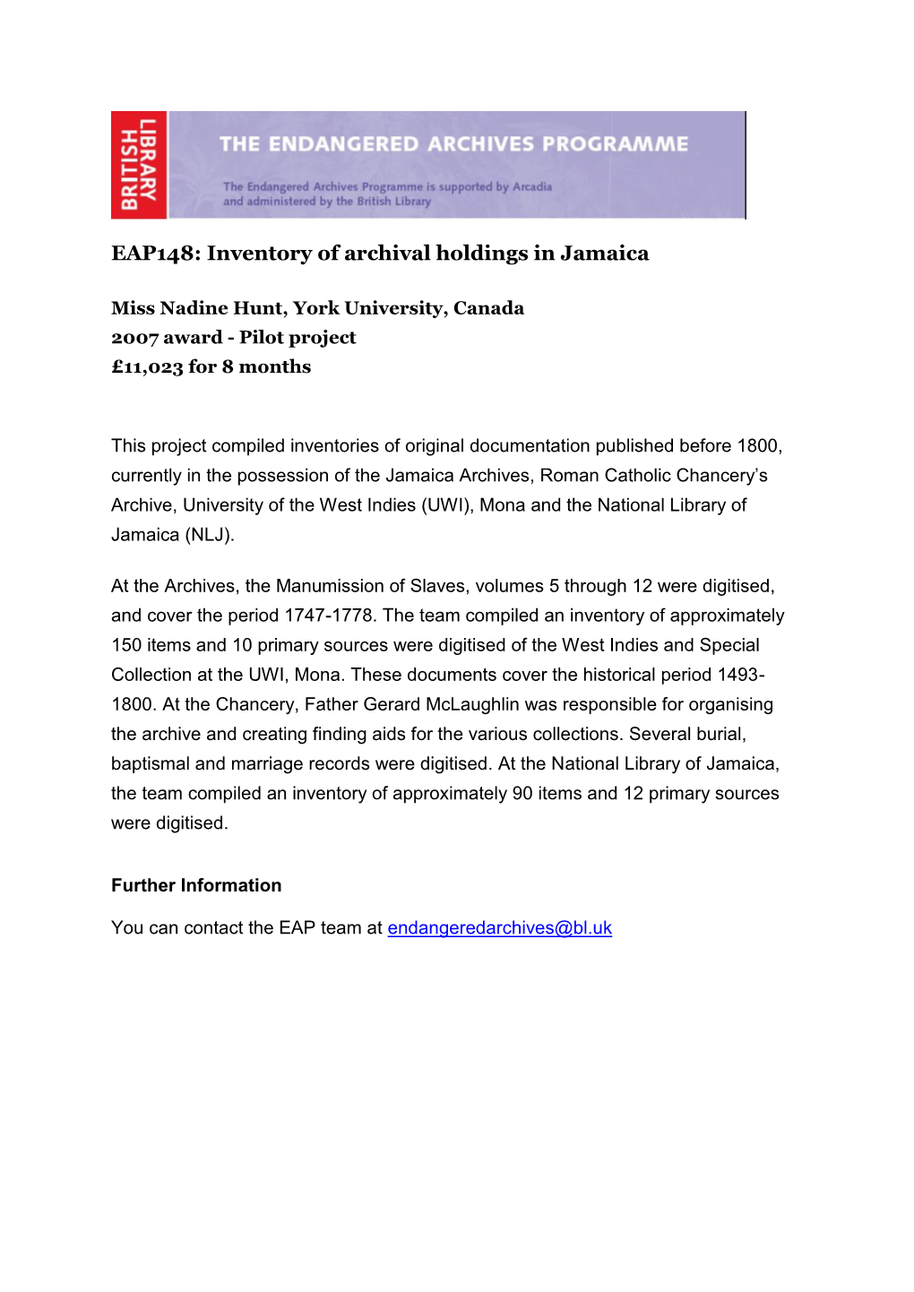 EAP148: Inventory of Archival Holdings in Jamaica