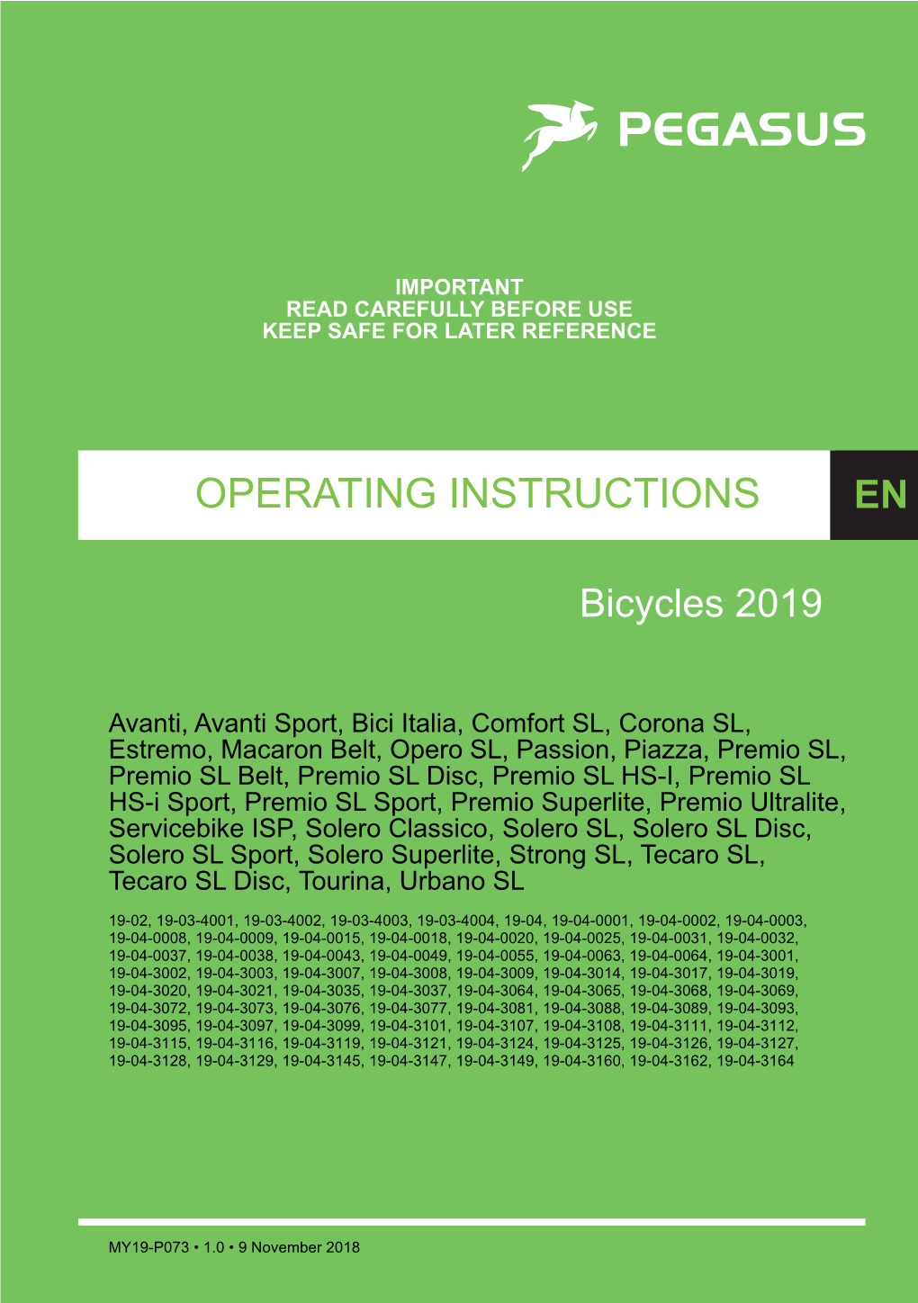 Pegasus OPERATING INSTRUCTIONS Bicycles 2019
