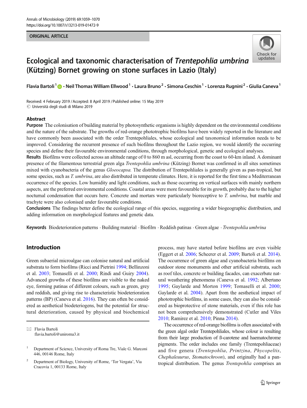 Ecological and Taxonomic Characterisation of Trentepohlia Umbrina (Kützing) Bornet Growing on Stone Surfaces in Lazio (Italy)